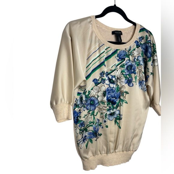 White House Black Market Floral Beige Green Blue Top Blouse Size Small - Picture 2 of 12